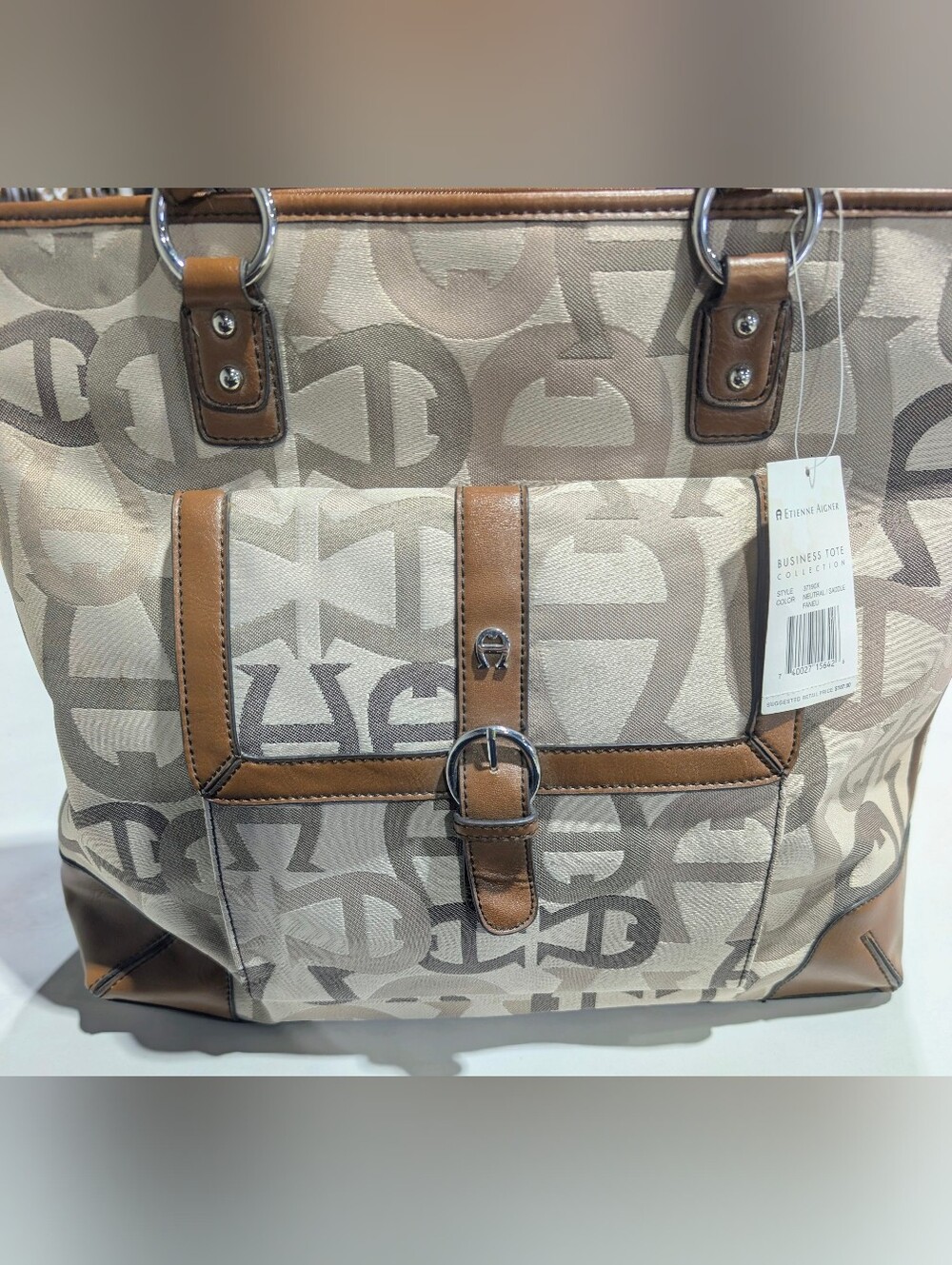 Etienne Aigner Beige & Brown Logo Canvas Tote with Buckle Pocket